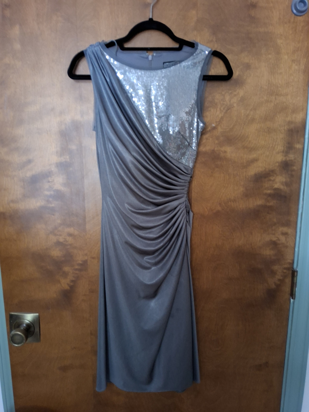 Adrianna Papell Silver Gray One-Shoulder Sequin Draped Dress NWOT